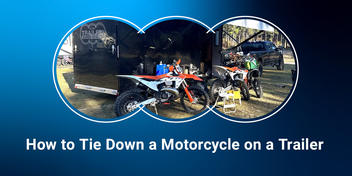 A motorcycle trailer with the Trailer Superstore logo