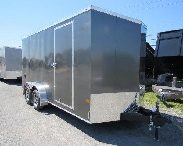 Outside of silver v-nose trailer