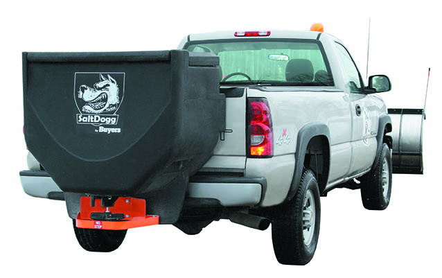 a white truck with a salt dog on the back
