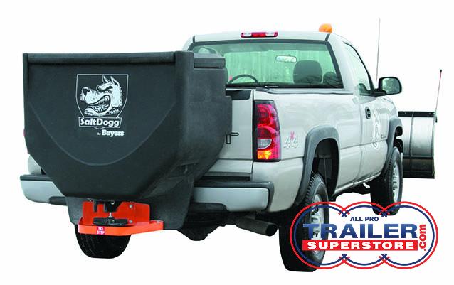 a white truck with a salt dog on the back