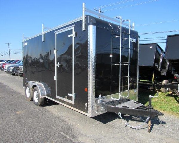 a black trailer with a ladder attached to it is parked on the side of the road .
