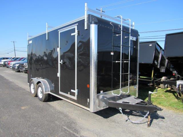 a black trailer with a ladder attached to it is parked on the side of the road .
