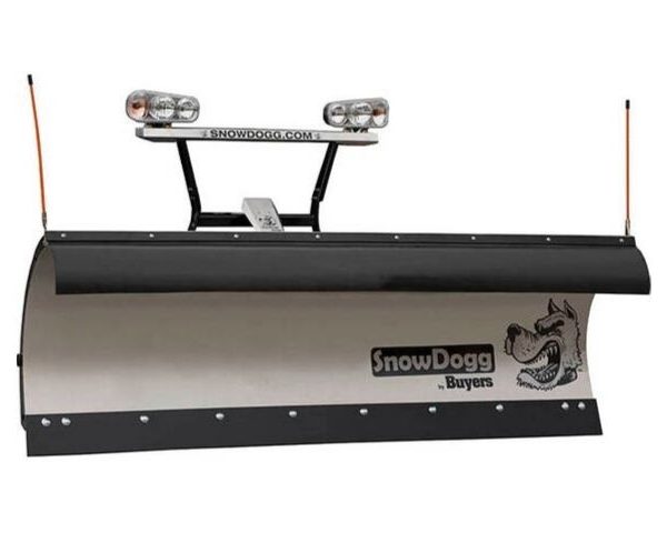 a snow plow with a picture of a dog on it .