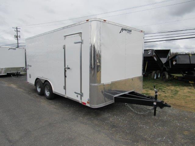 a white Homesteader trailer with a ramp door and extended tongue