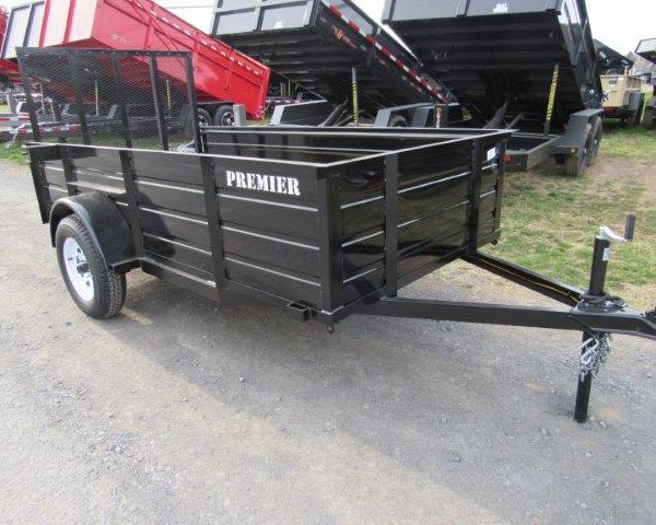 a black Premier landscape utility trailer with solid steel sides