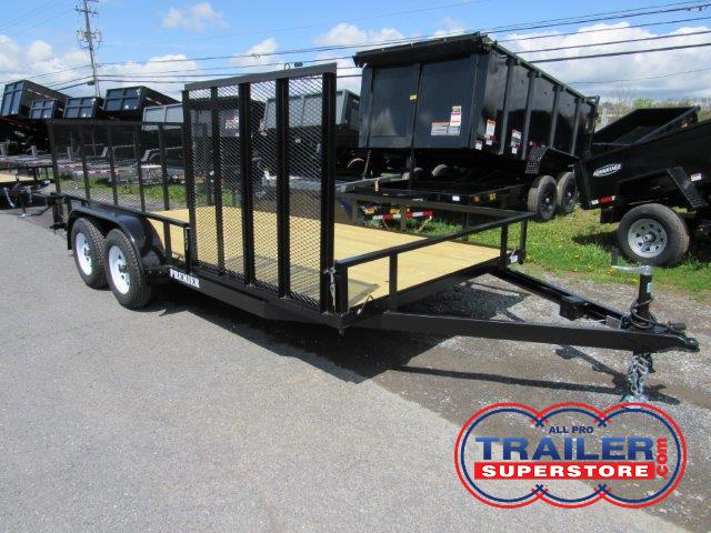 a Premier dual-axle utility trailer with a side ATV gate