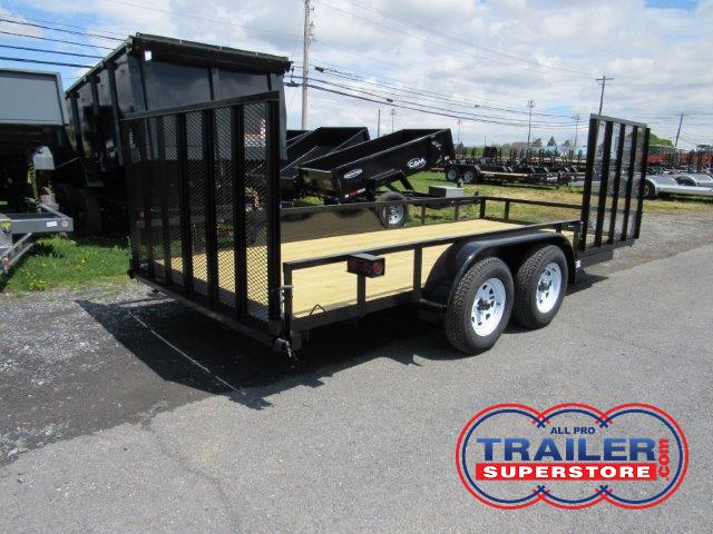 a black Premier dual axle utility trailer with side ATV gate