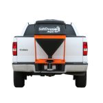 the back of a white truck with a salt spreader attached to it .