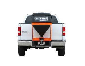 the back of a white truck with a salt spreader attached to it .