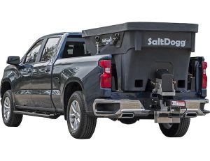 a black truck with a salt dog on the back of it .