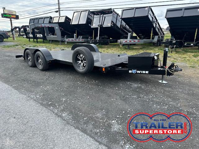 an open car trailer with power tilt, steel deck, and aluminum wheels