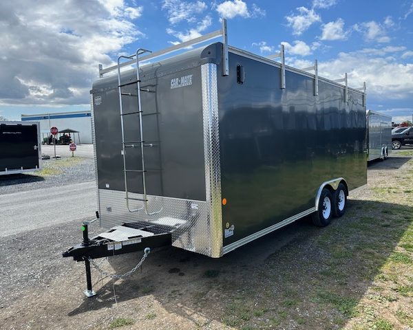 a black trailer with a ladder on the back is parked on the side of the road .