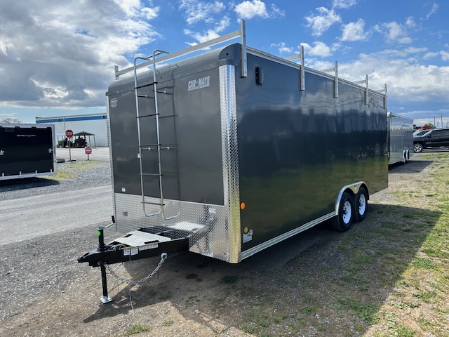 a black trailer with a ladder on the back is parked on the side of the road .